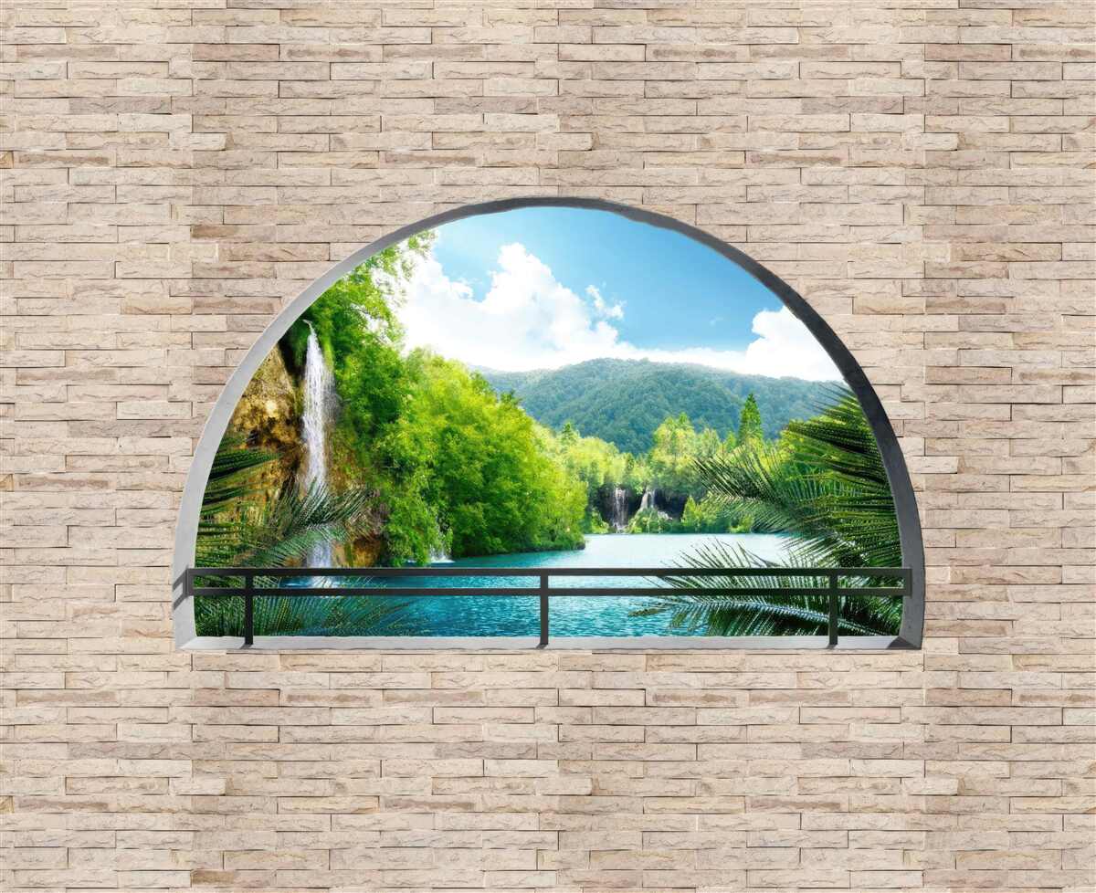 Фотошпалери отвір у стіні, з якого відкривається мальовничий вид на природу