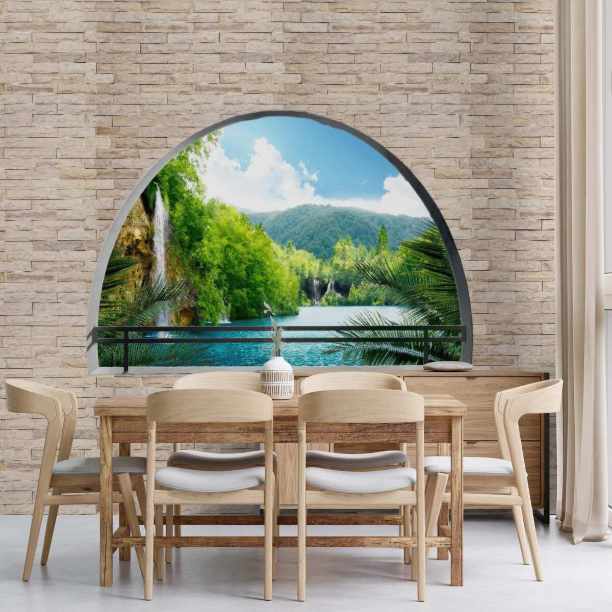 Фотошпалери отвір у стіні, з якого відкривається мальовничий вид на природу