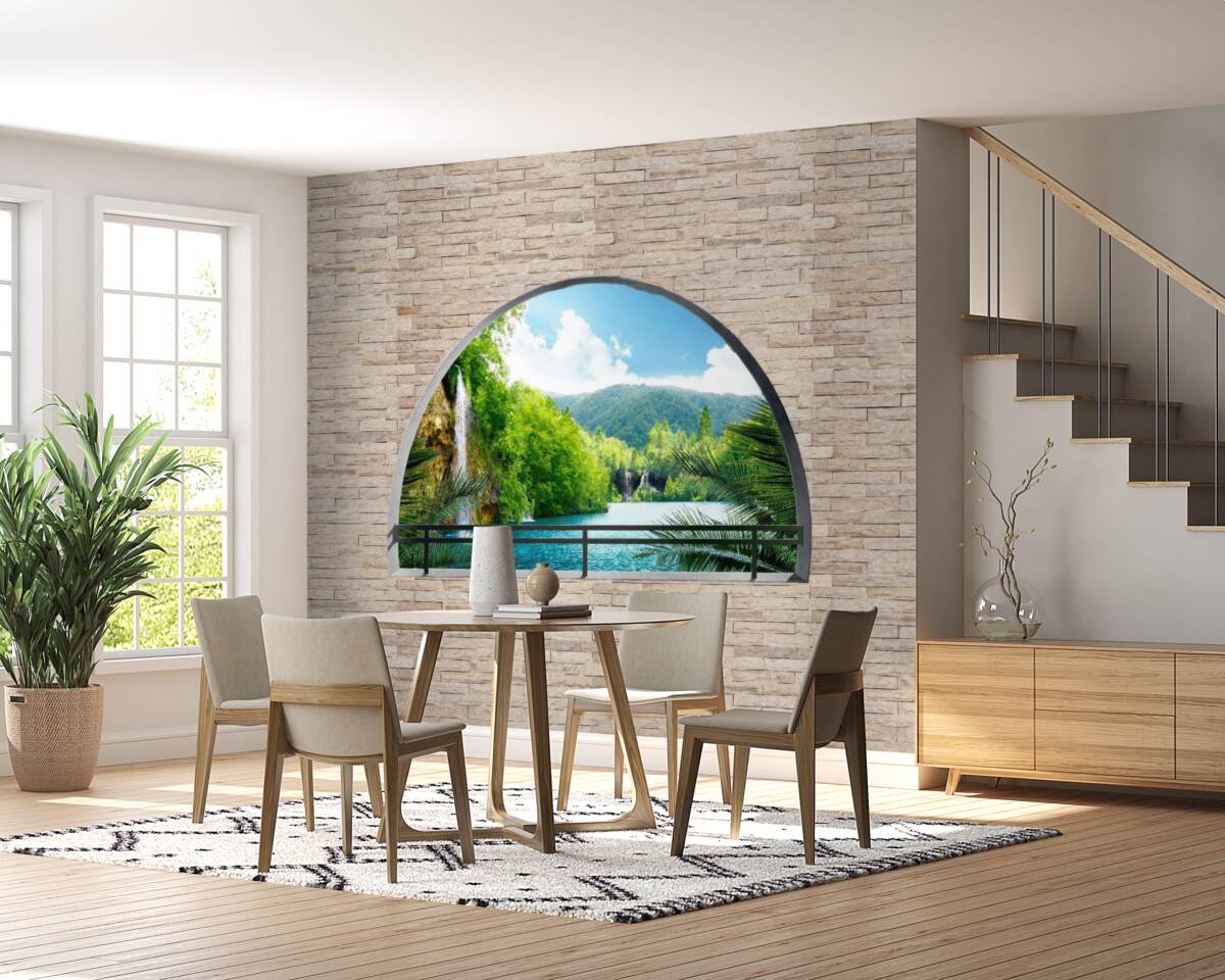 Фотошпалери отвір у стіні, з якого відкривається мальовничий вид на природу