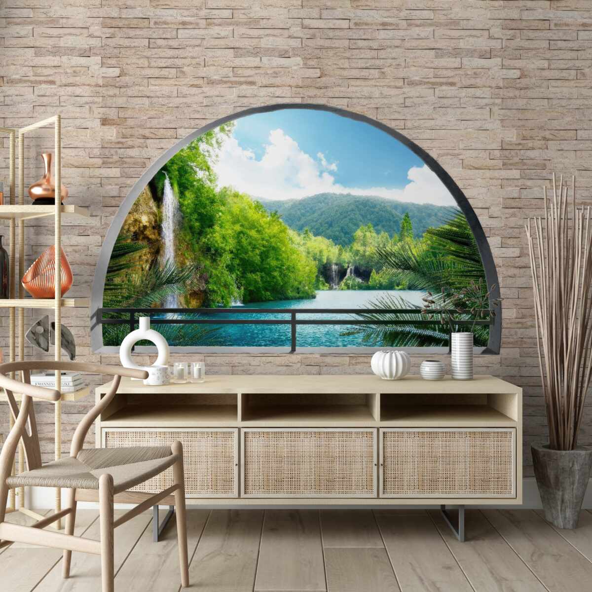 Фотошпалери отвір у стіні, з якого відкривається мальовничий вид на природу