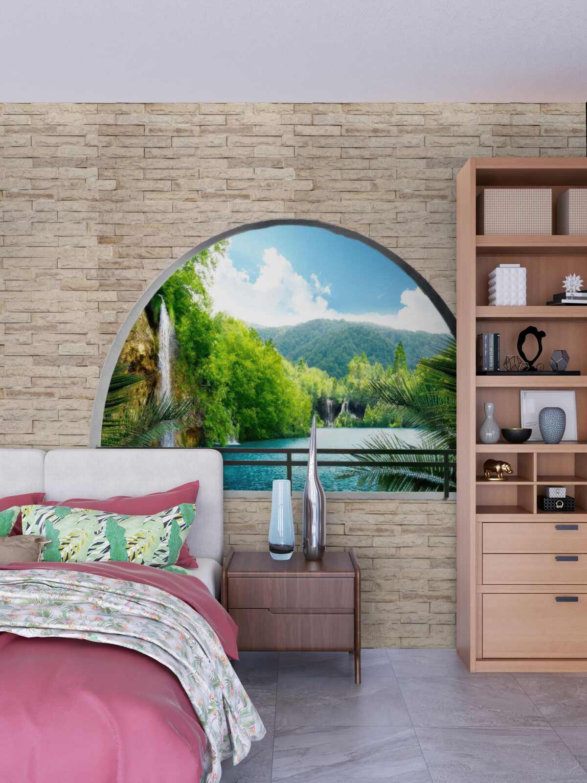 Фотошпалери отвір у стіні, з якого відкривається мальовничий вид на природу