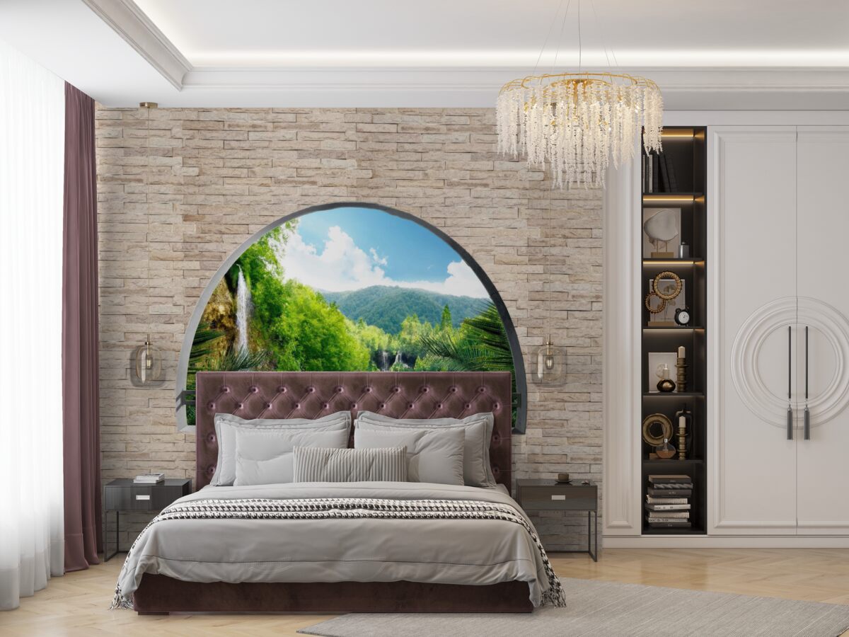 Фотошпалери отвір у стіні, з якого відкривається мальовничий вид на природу