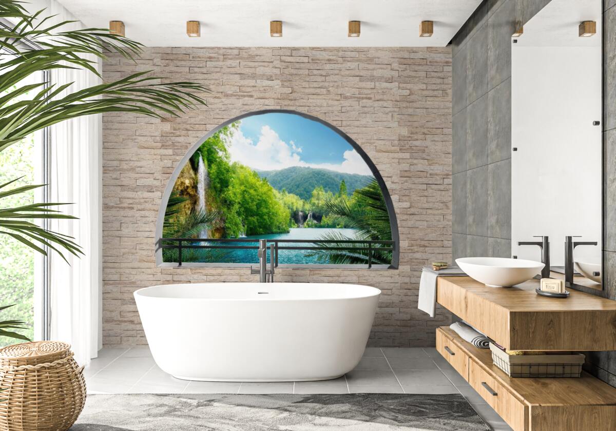 Фотошпалери отвір у стіні, з якого відкривається мальовничий вид на природу