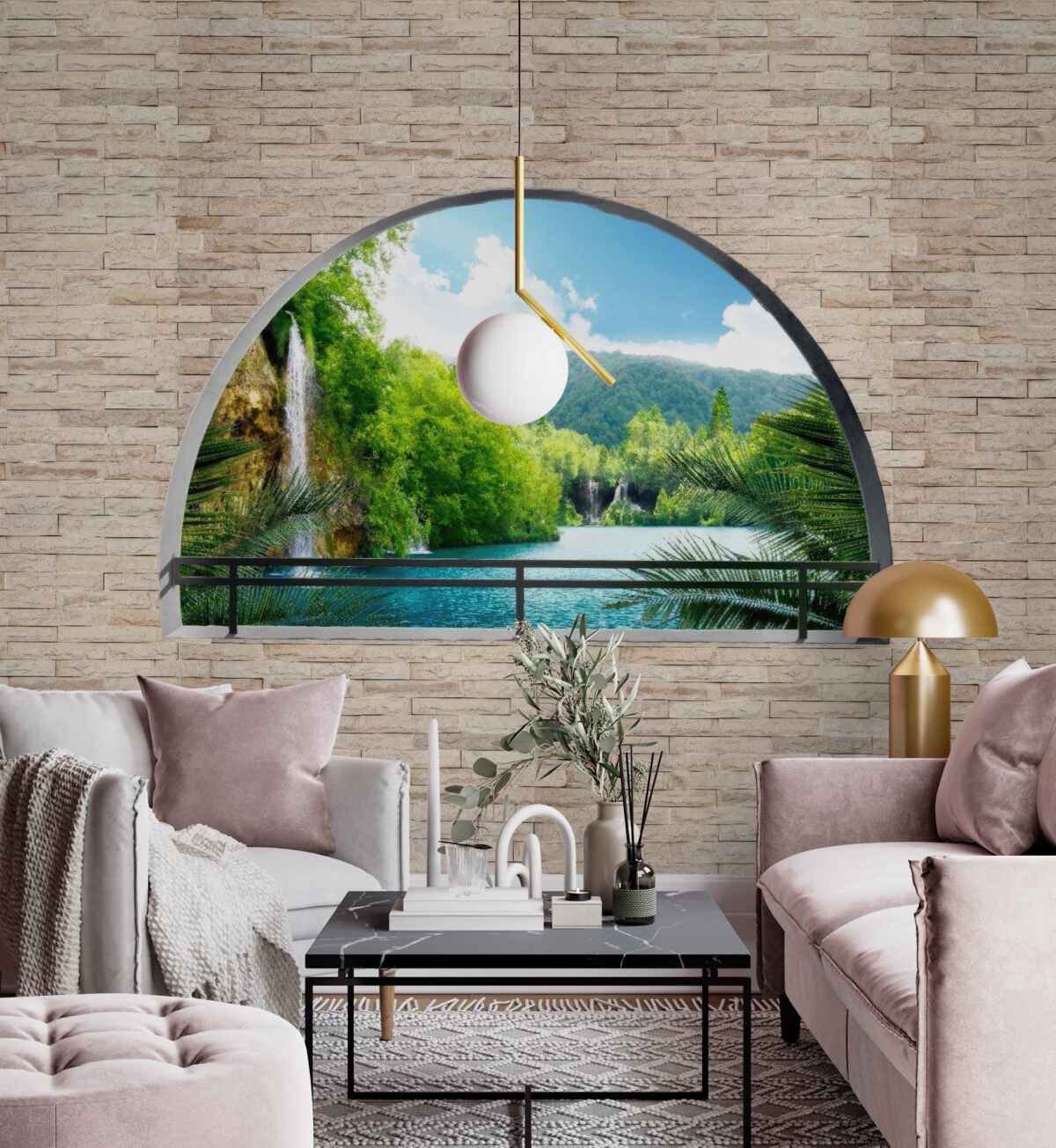 Фотошпалери отвір у стіні, з якого відкривається мальовничий вид на природу