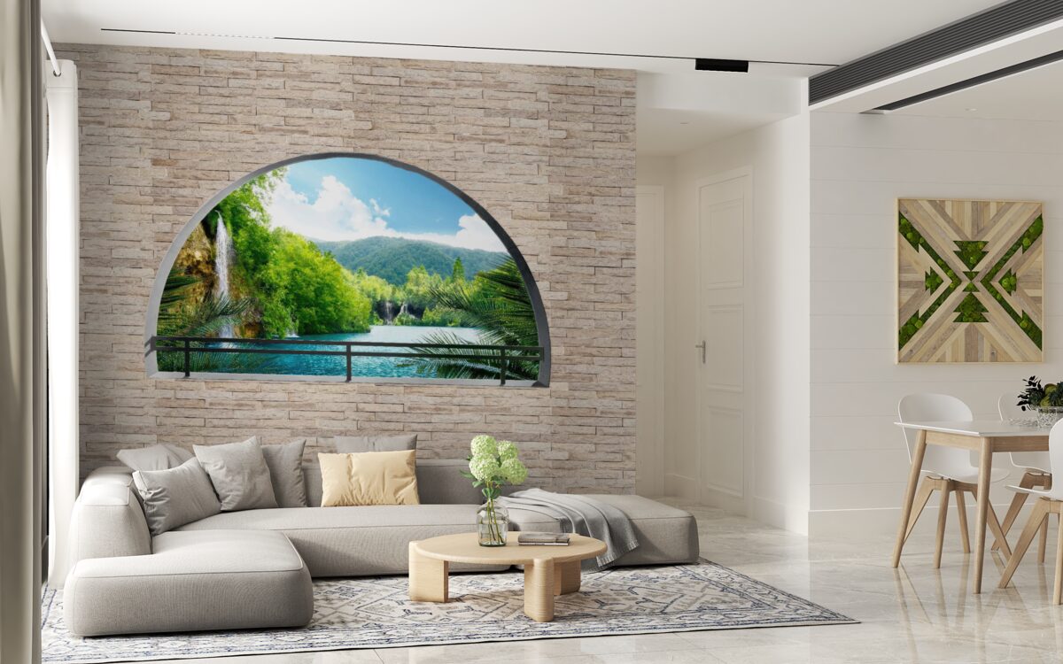 Фотошпалери отвір у стіні, з якого відкривається мальовничий вид на природу
