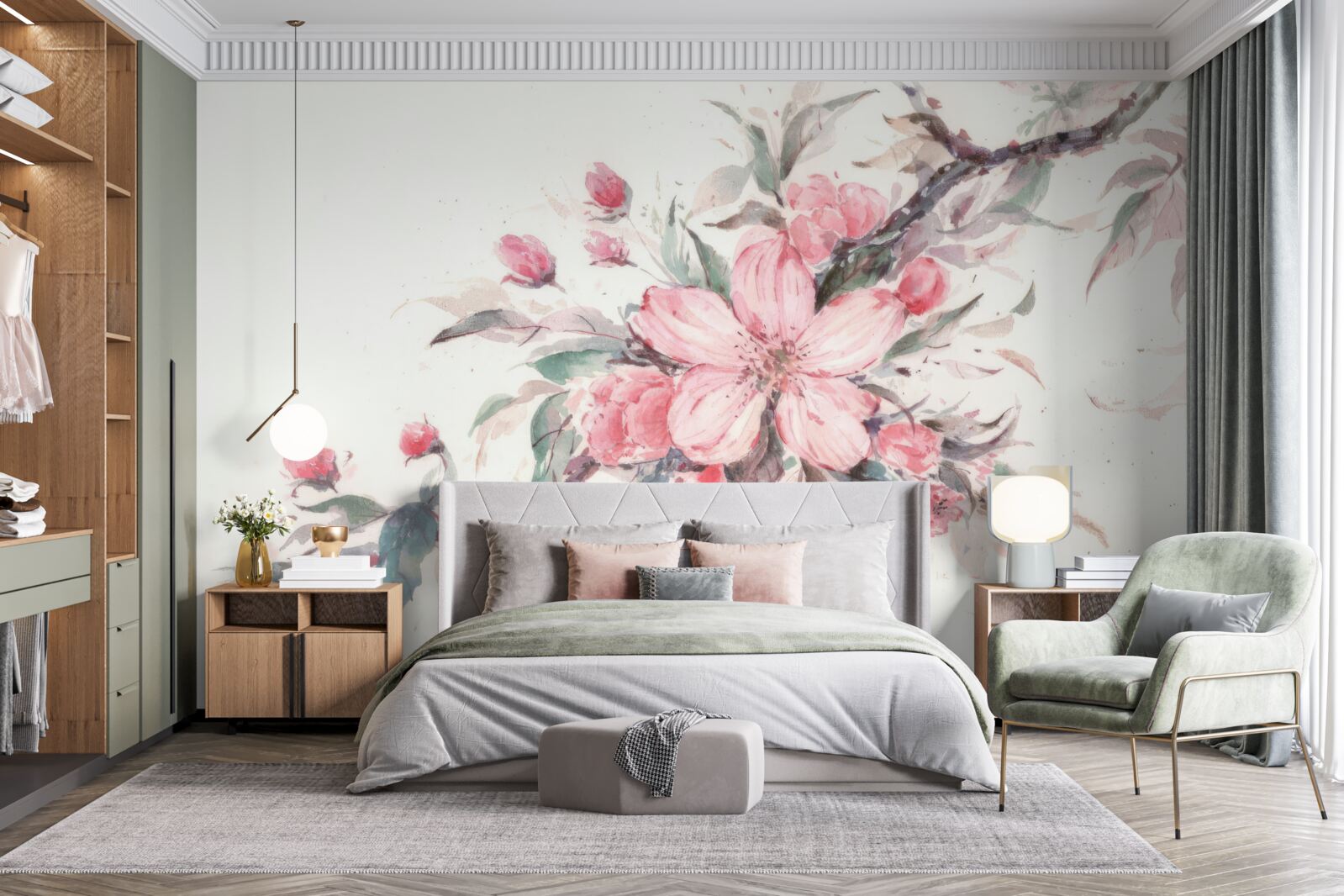 Фотошпалери гілка з розквітлою рожевою квіткою