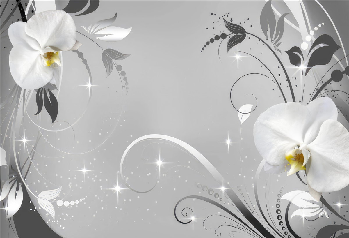 Фотошпалери білі орхідеї та сіре листя