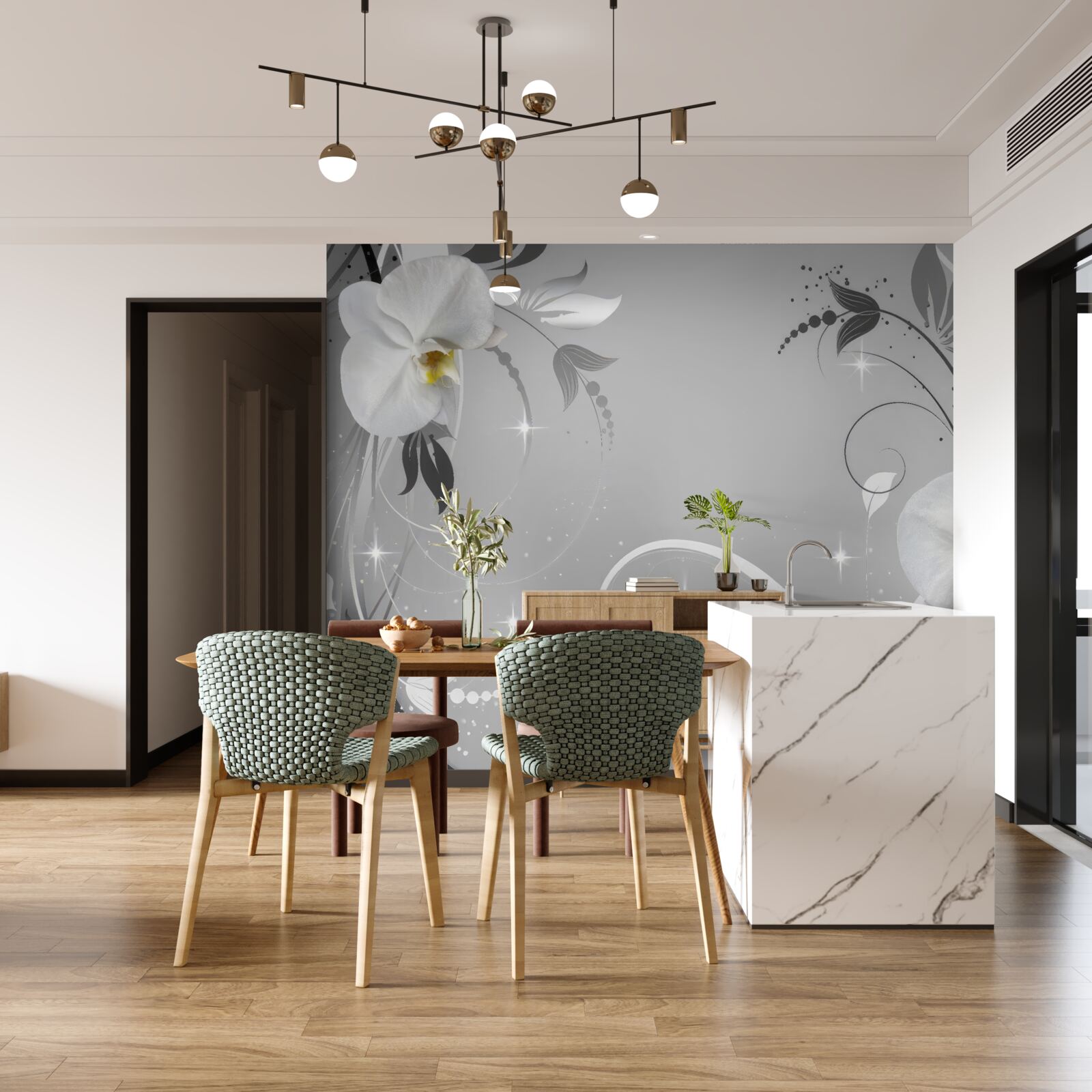 Фотошпалери білі орхідеї та сіре листя