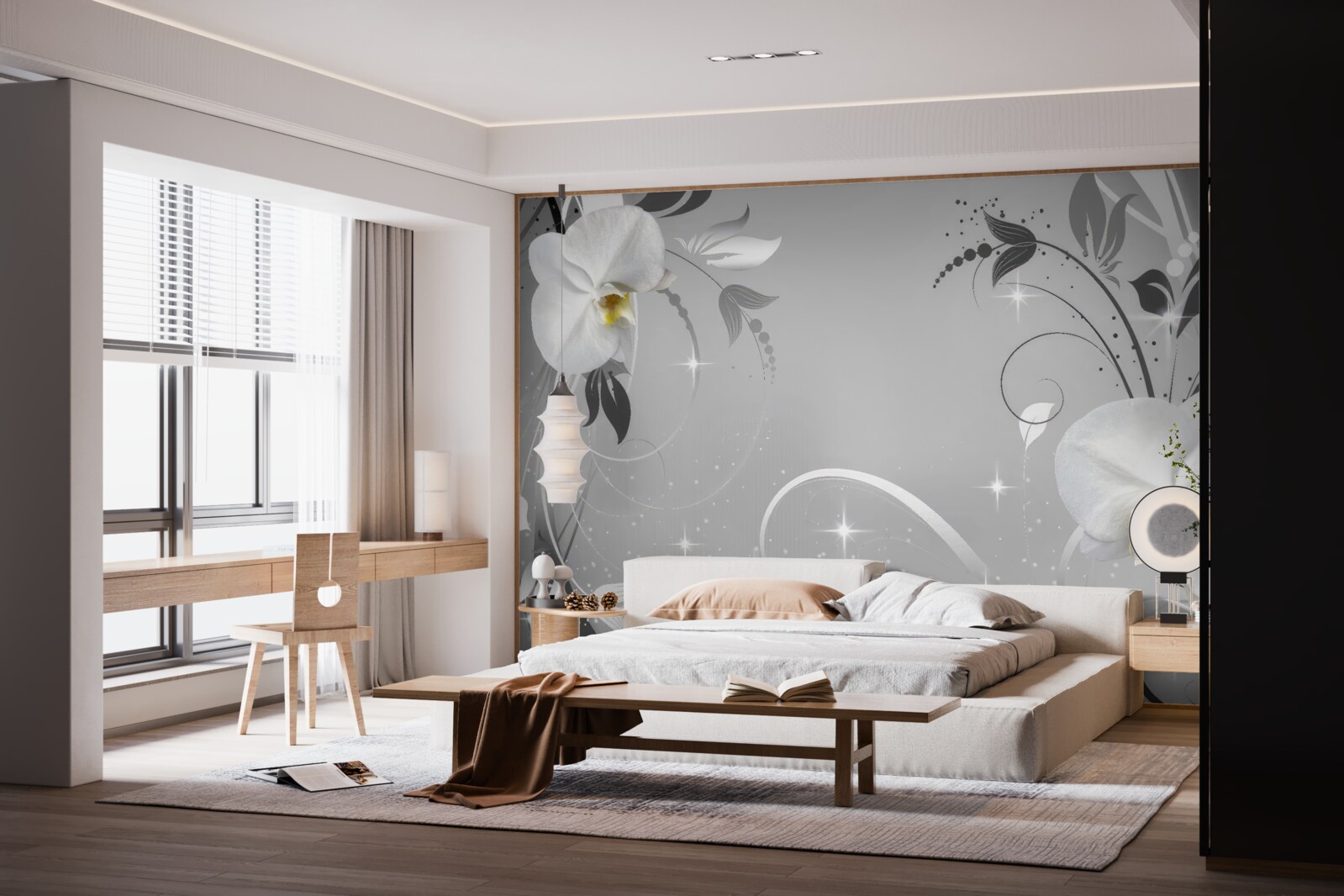 Фотошпалери білі орхідеї та сіре листя