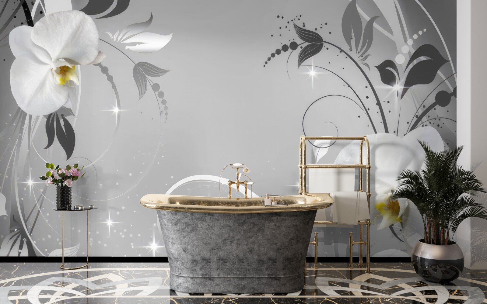 Фотошпалери білі орхідеї та сіре листя