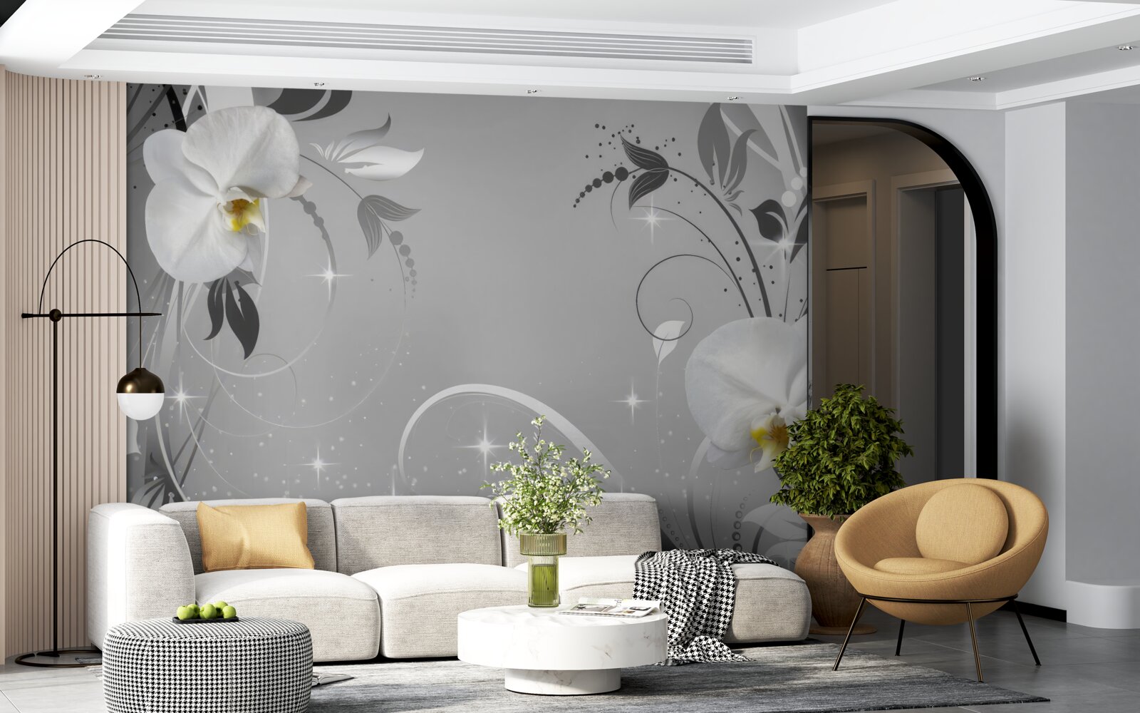 Фотошпалери білі орхідеї та сіре листя