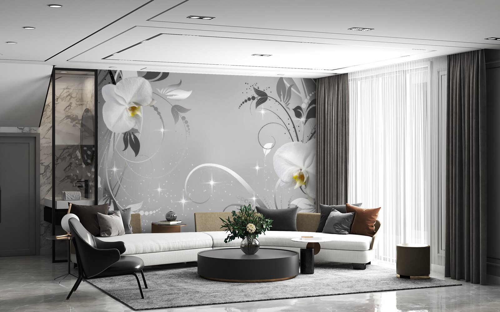 Фотошпалери білі орхідеї та сіре листя