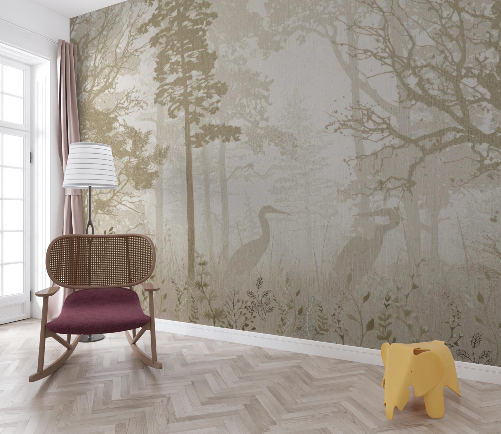 Фотошпалери птахи ковзають між стрункими деревами