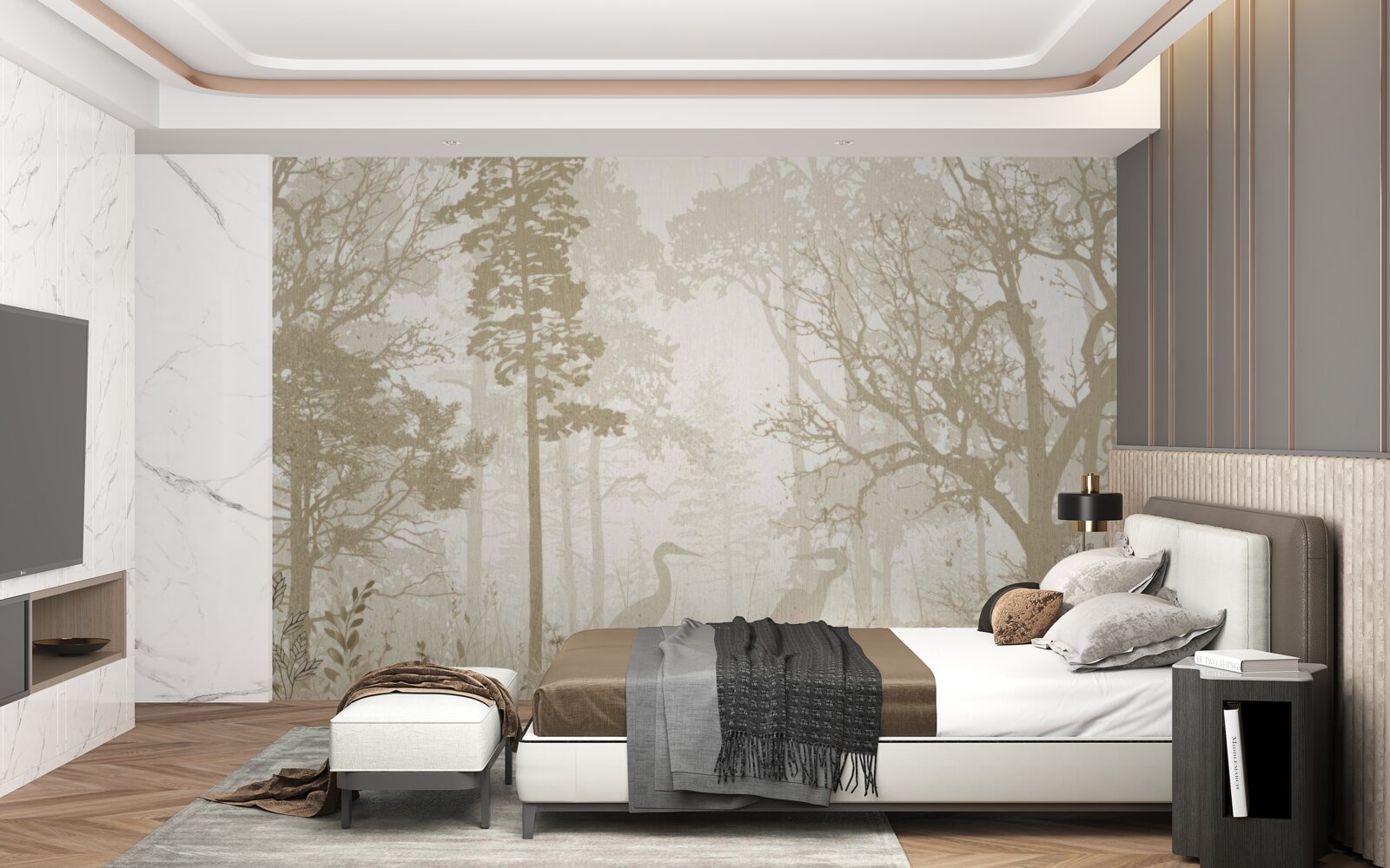 Фотошпалери птахи ковзають між стрункими деревами