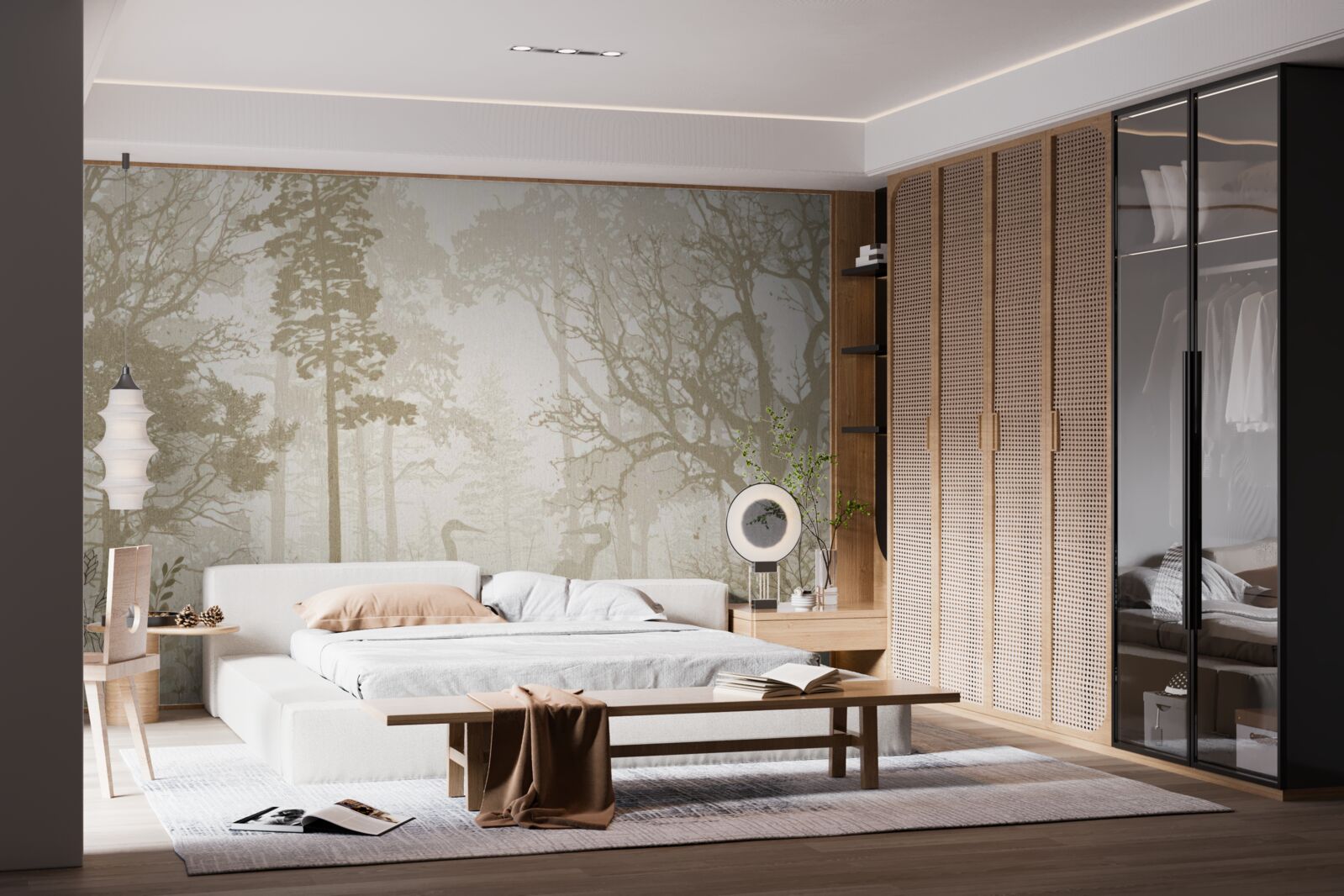 Фотошпалери птахи ковзають між стрункими деревами