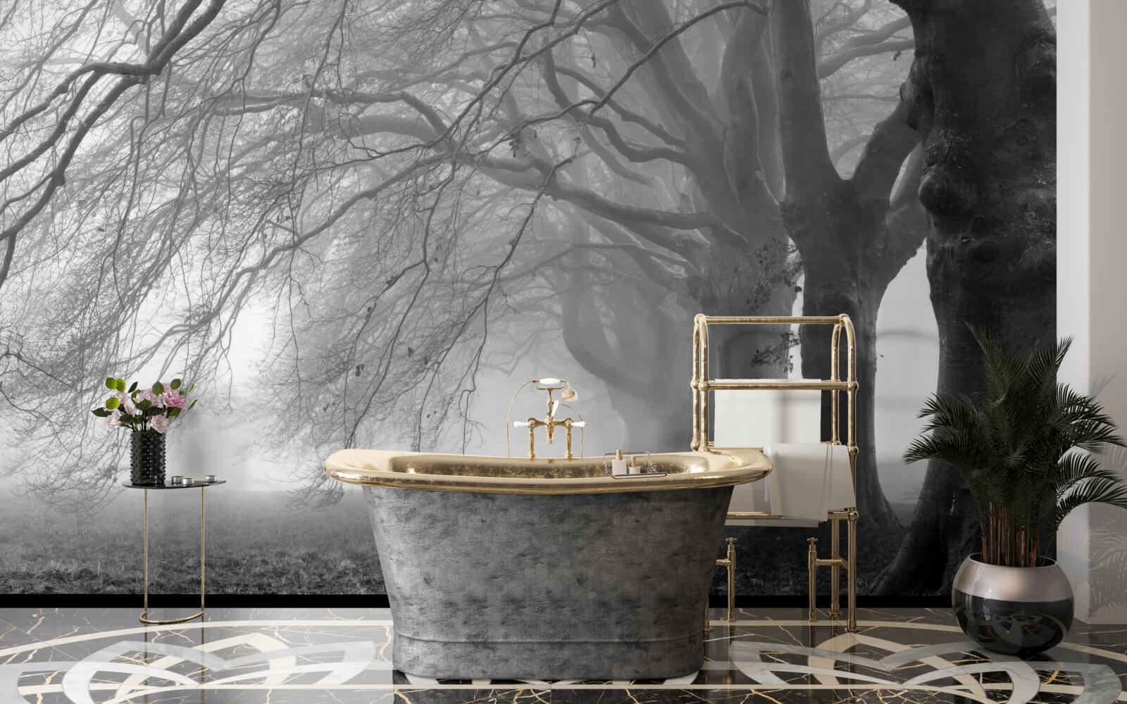 Фотошпалери туманний ліс, вкритий деревами