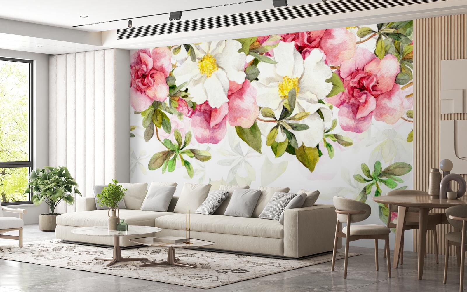 Фотошпалери білі ромашки та рожеві троянди