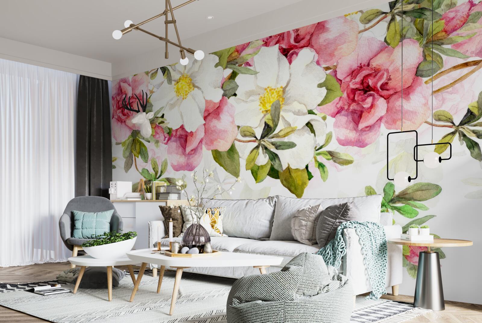 Фотошпалери білі ромашки та рожеві троянди