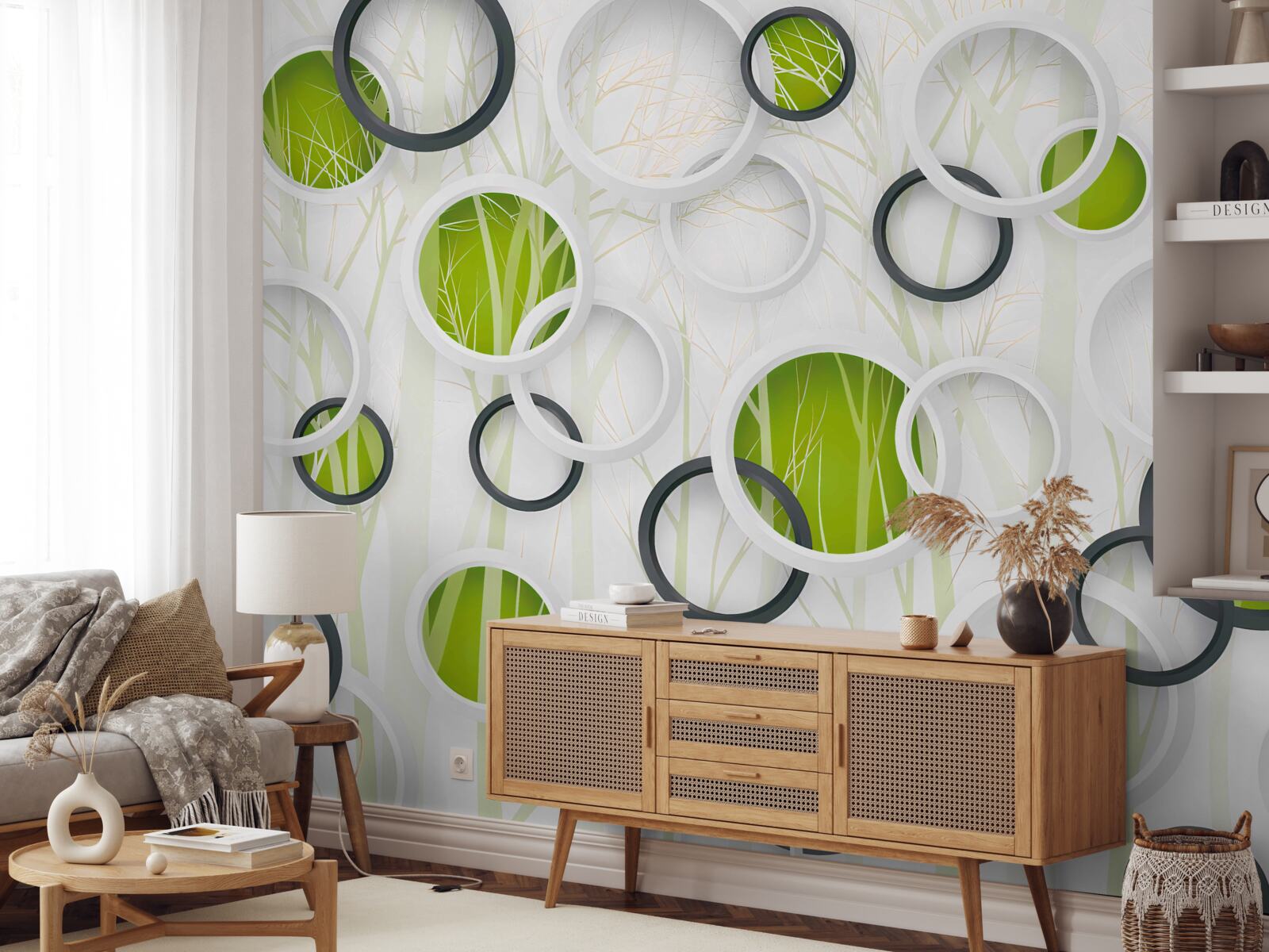 Фотошпалери колеса білого та чорного кольору з зеленим відтінком