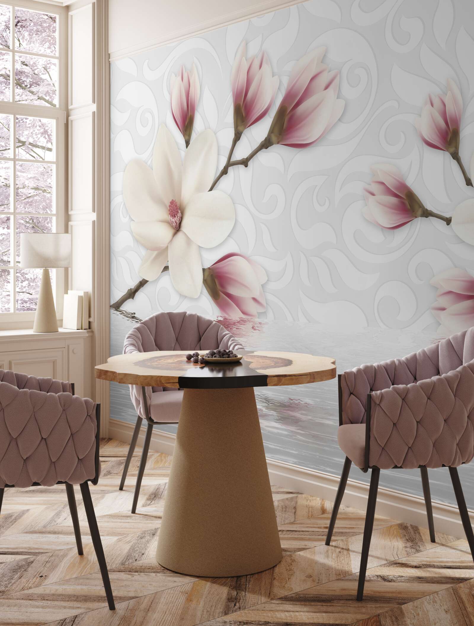 Фотошпалери біля води ростуть білі та рожеві квіти