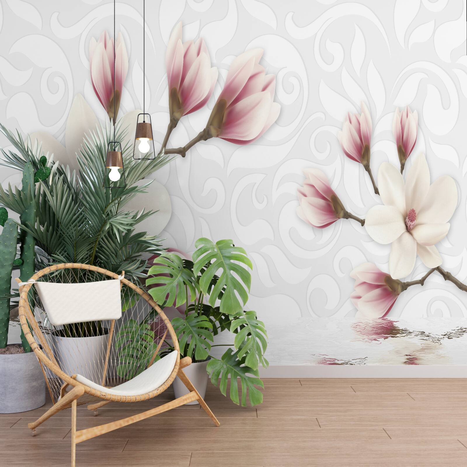 Фотошпалери біля води ростуть білі та рожеві квіти