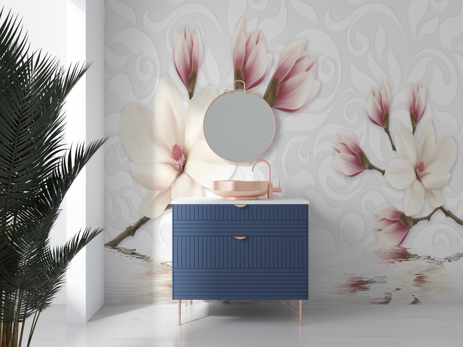 Фотошпалери біля води ростуть білі та рожеві квіти