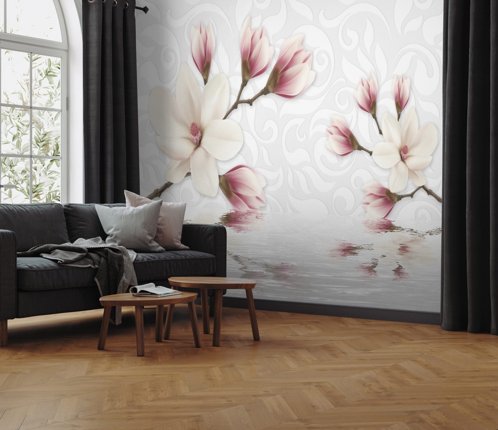 Фотошпалери біля води ростуть білі та рожеві квіти