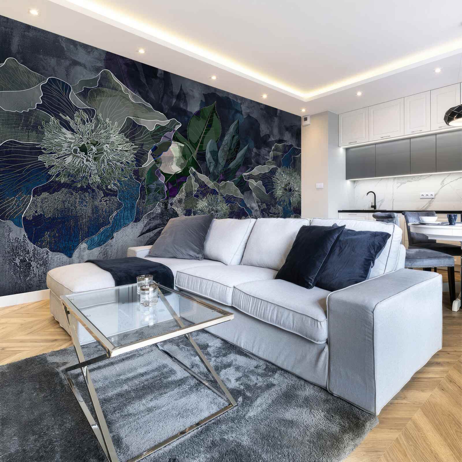 Фотошпалери квіти, намальовані аквареллю на сірому тлі