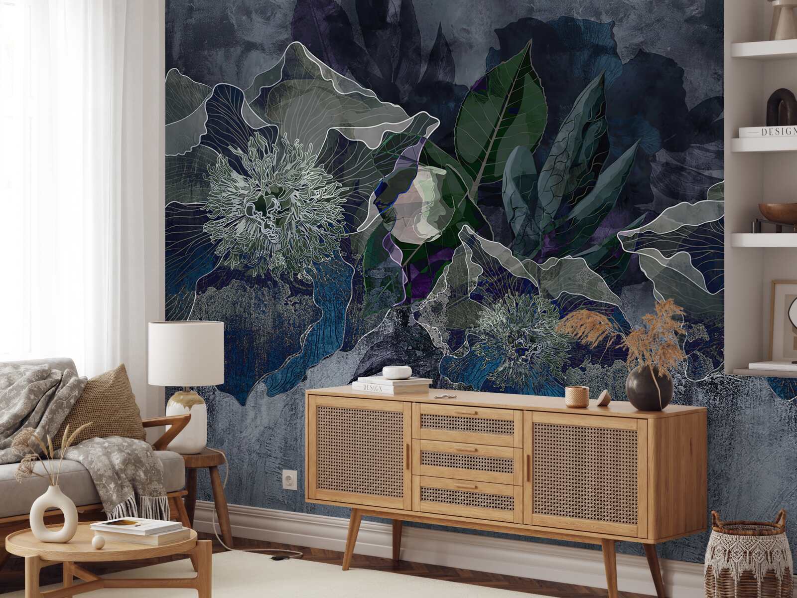 Фотошпалери квіти, намальовані аквареллю на сірому тлі