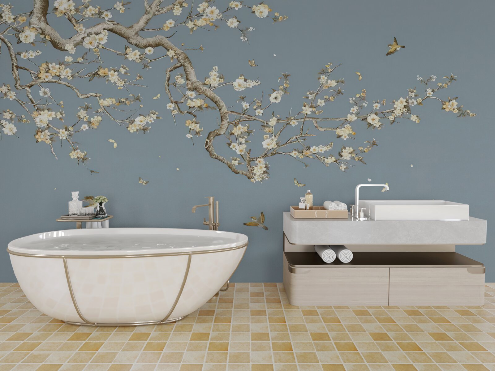 Фотошпалери стовбур з дрібними квітами