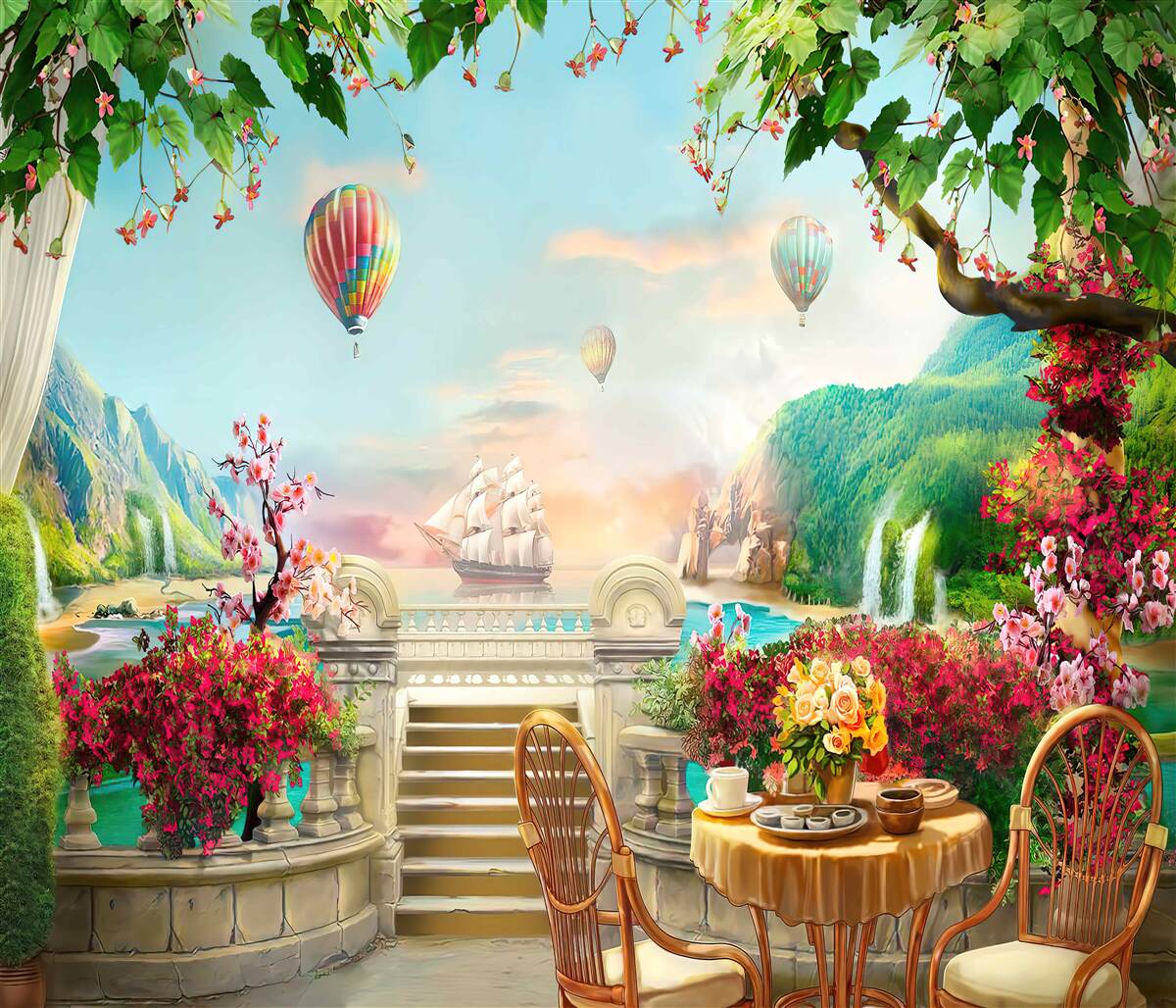 Фотошпалери ранкова трапеза на свіжому повітрі з чудовим видом