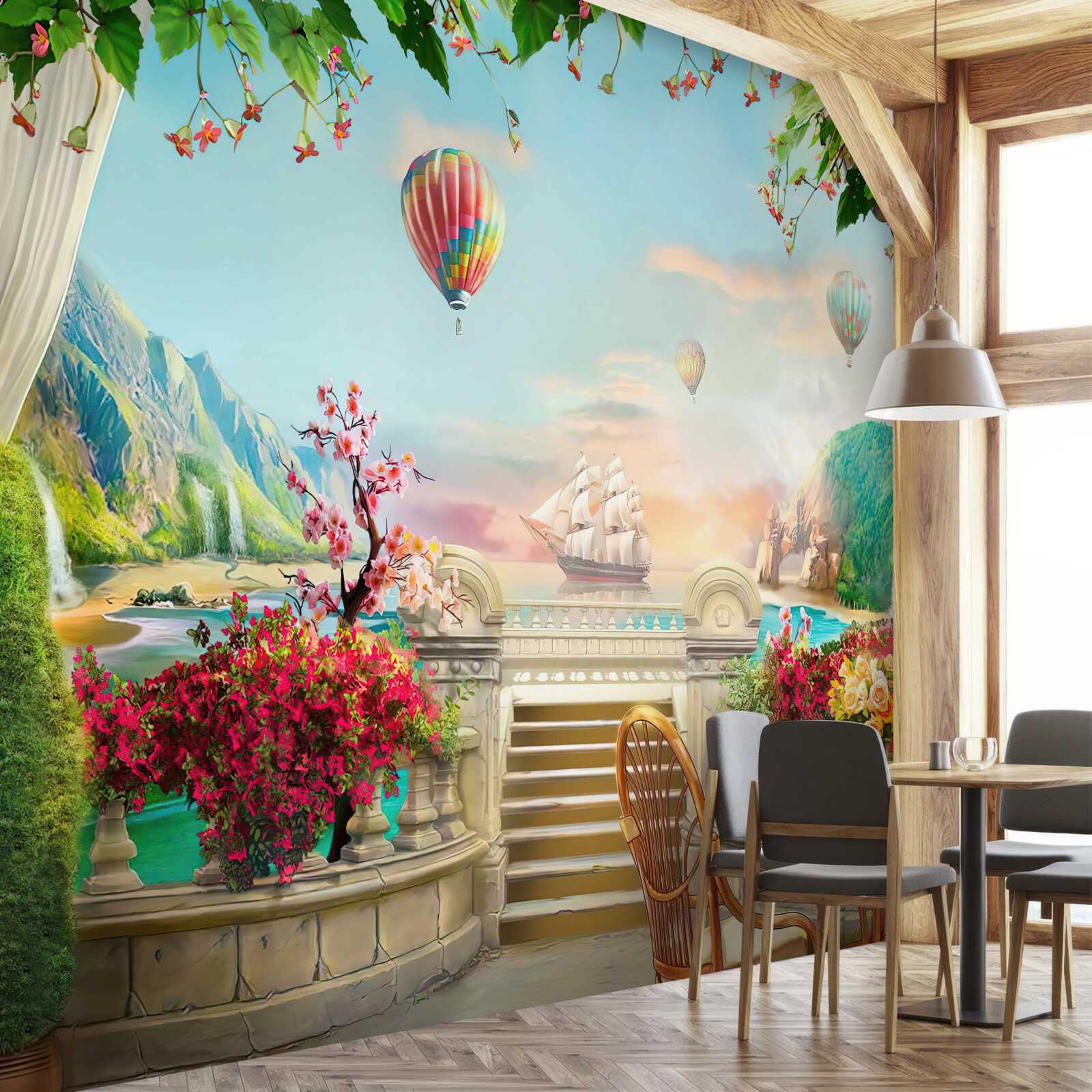 Фотошпалери ранкова трапеза на свіжому повітрі з чудовим видом