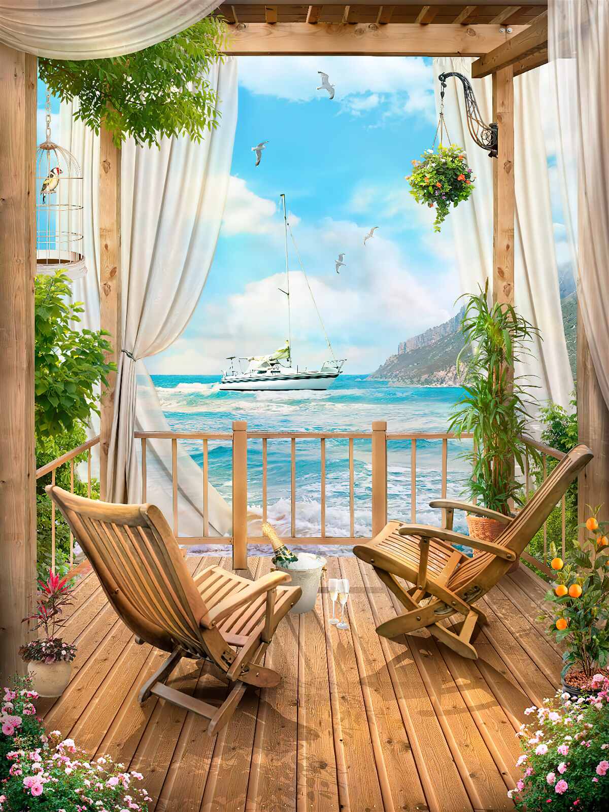 Фотошпалери стільці на терасі з захоплюючим краєвидом