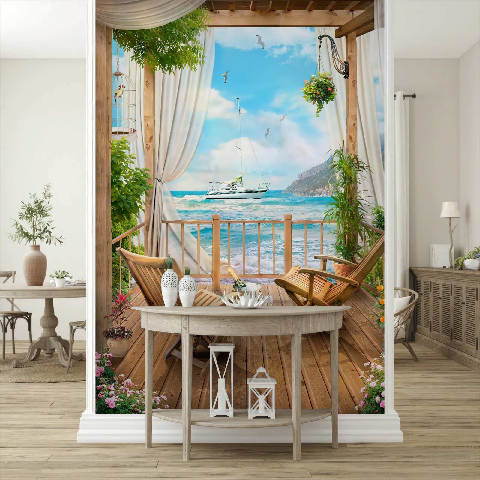 Фотошпалери стільці на терасі з захоплюючим краєвидом