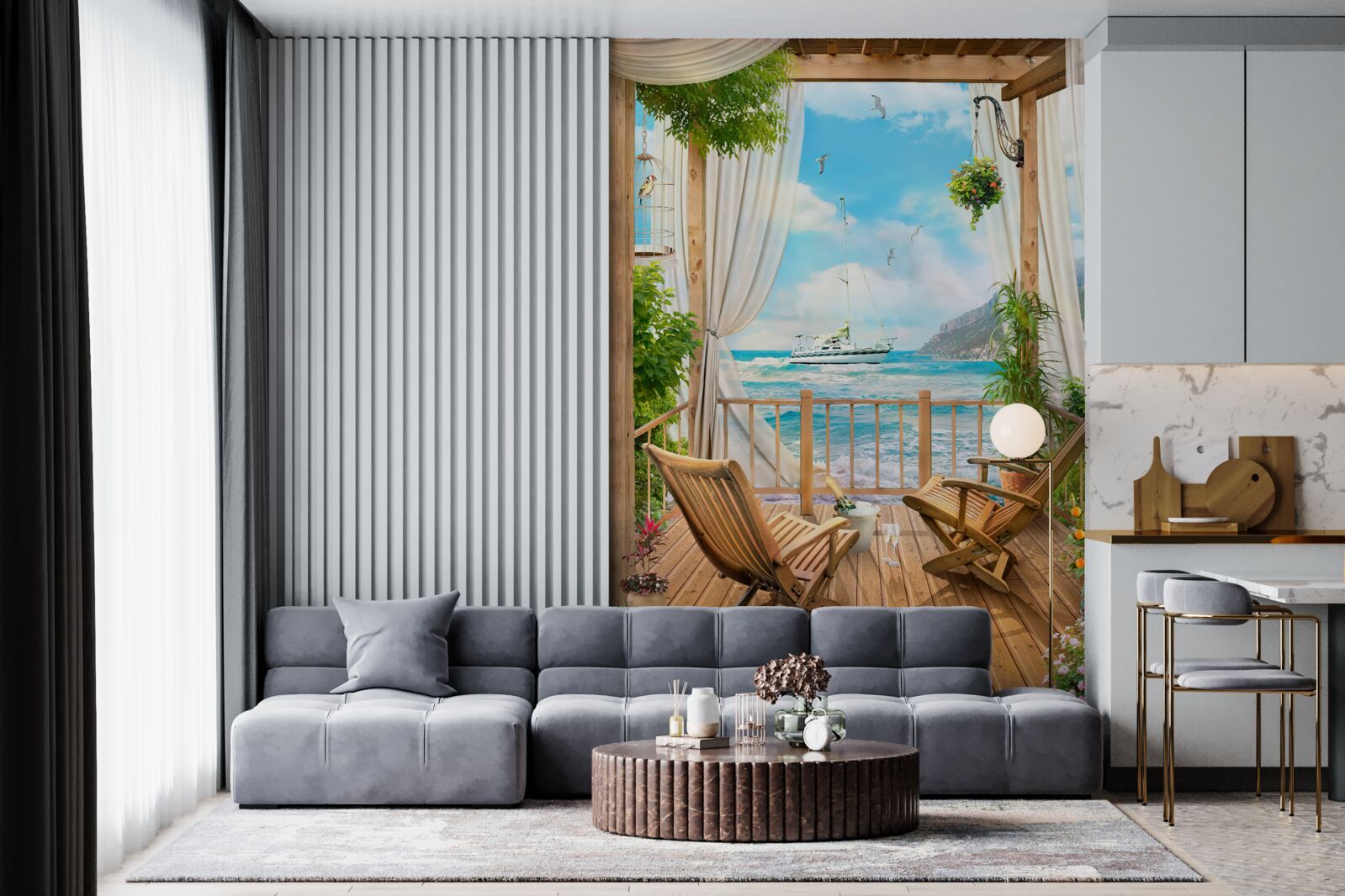 Фотошпалери стільці на терасі з захоплюючим краєвидом