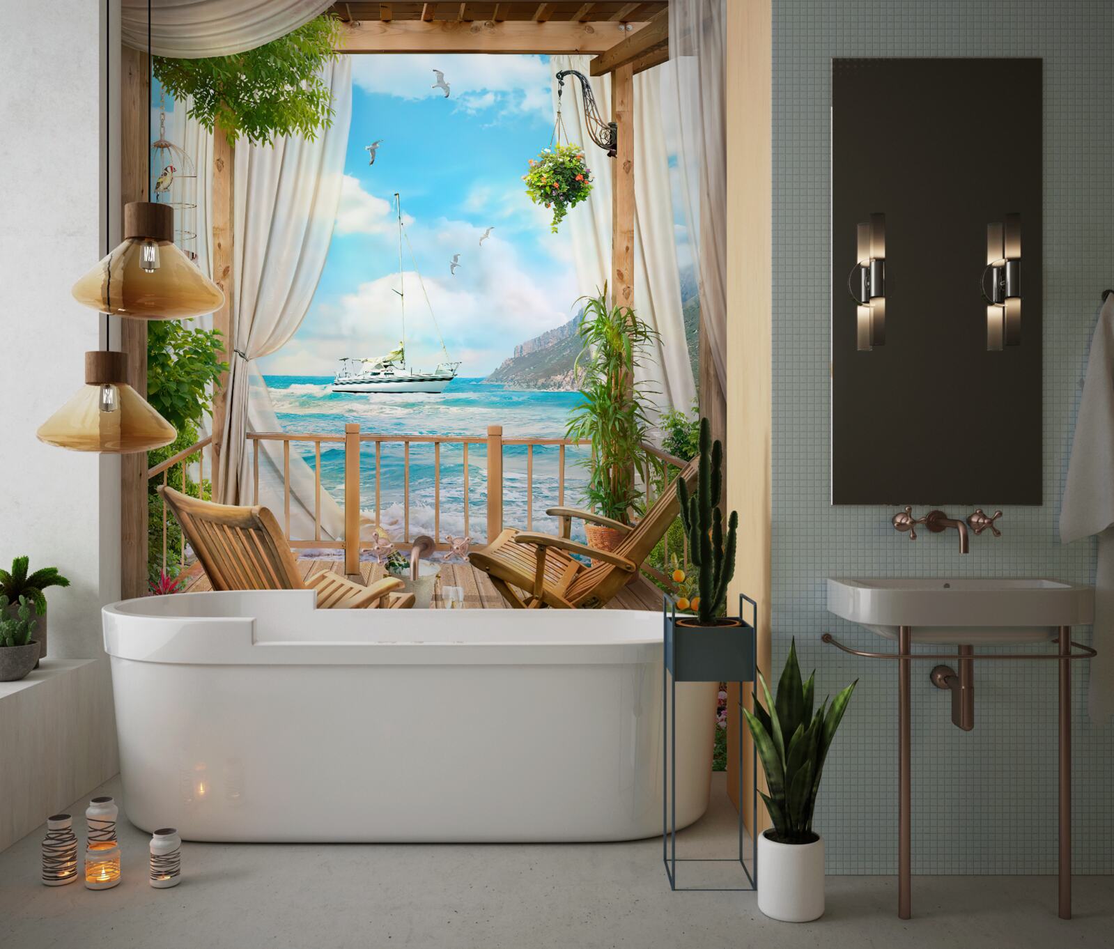 Фотошпалери стільці на терасі з захоплюючим краєвидом