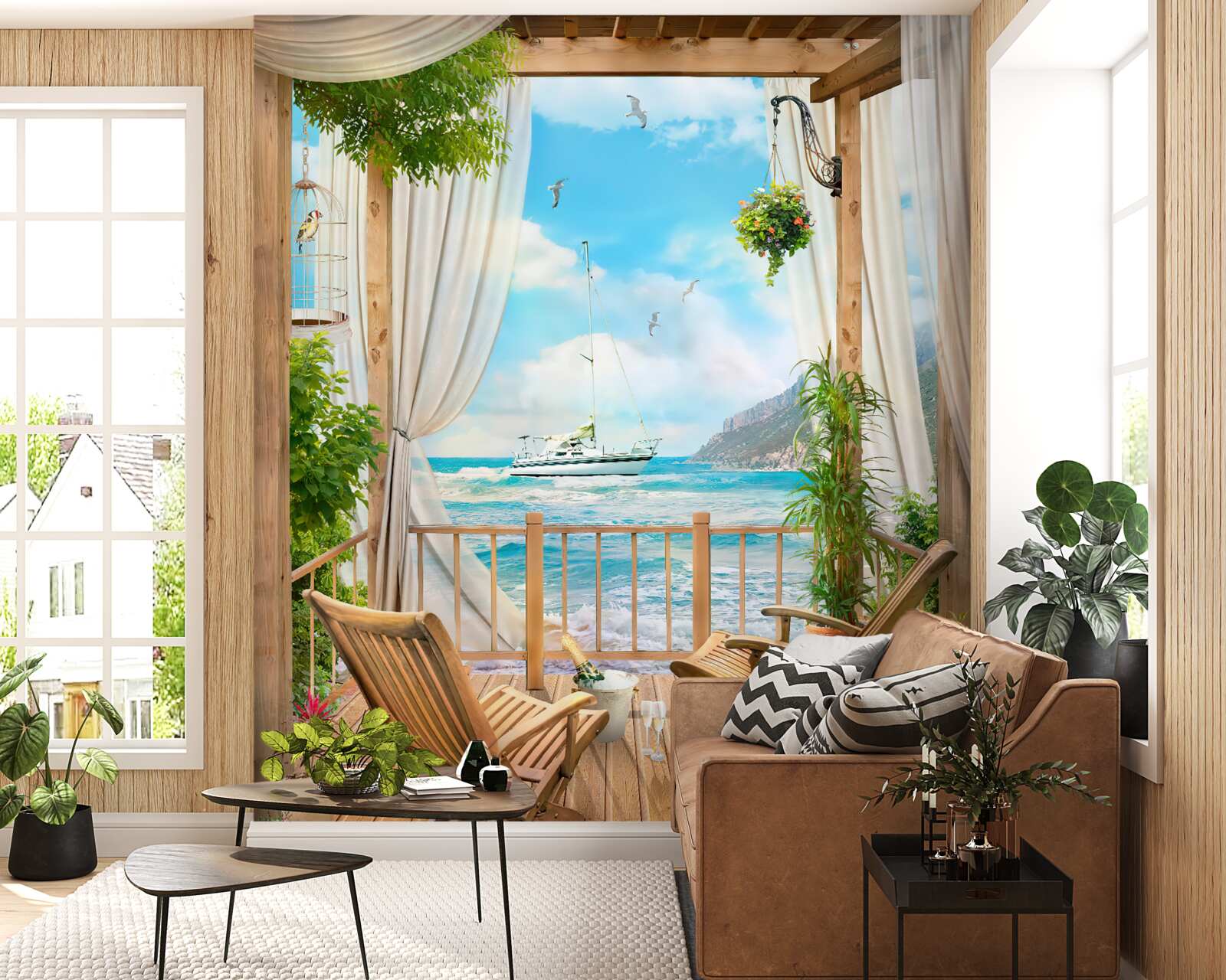 Фотошпалери стільці на терасі з захоплюючим краєвидом