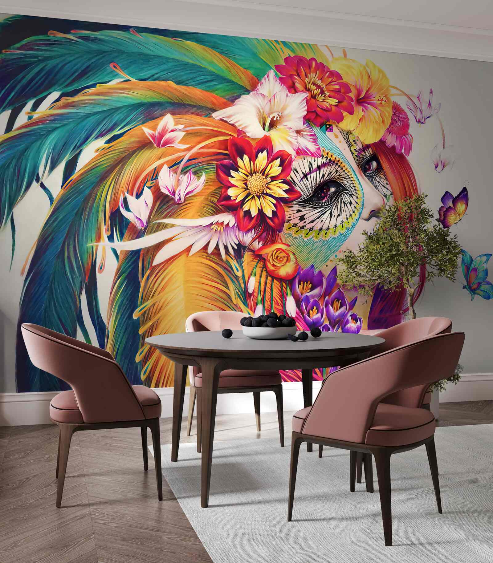 Фотошпалери дівчина з яскравим пір'ям і квітами у волоссі