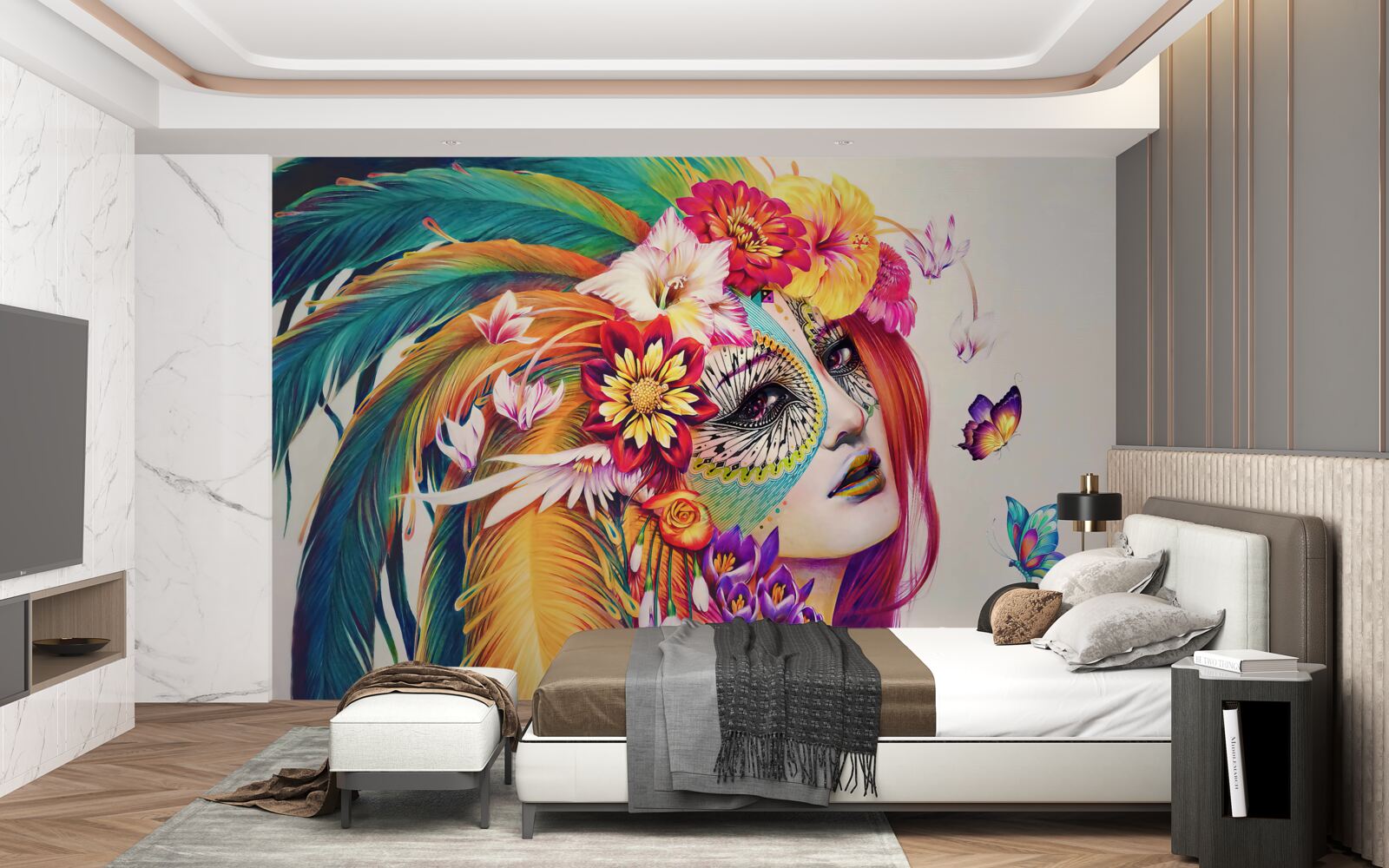 Фотошпалери дівчина з яскравим пір'ям і квітами у волоссі