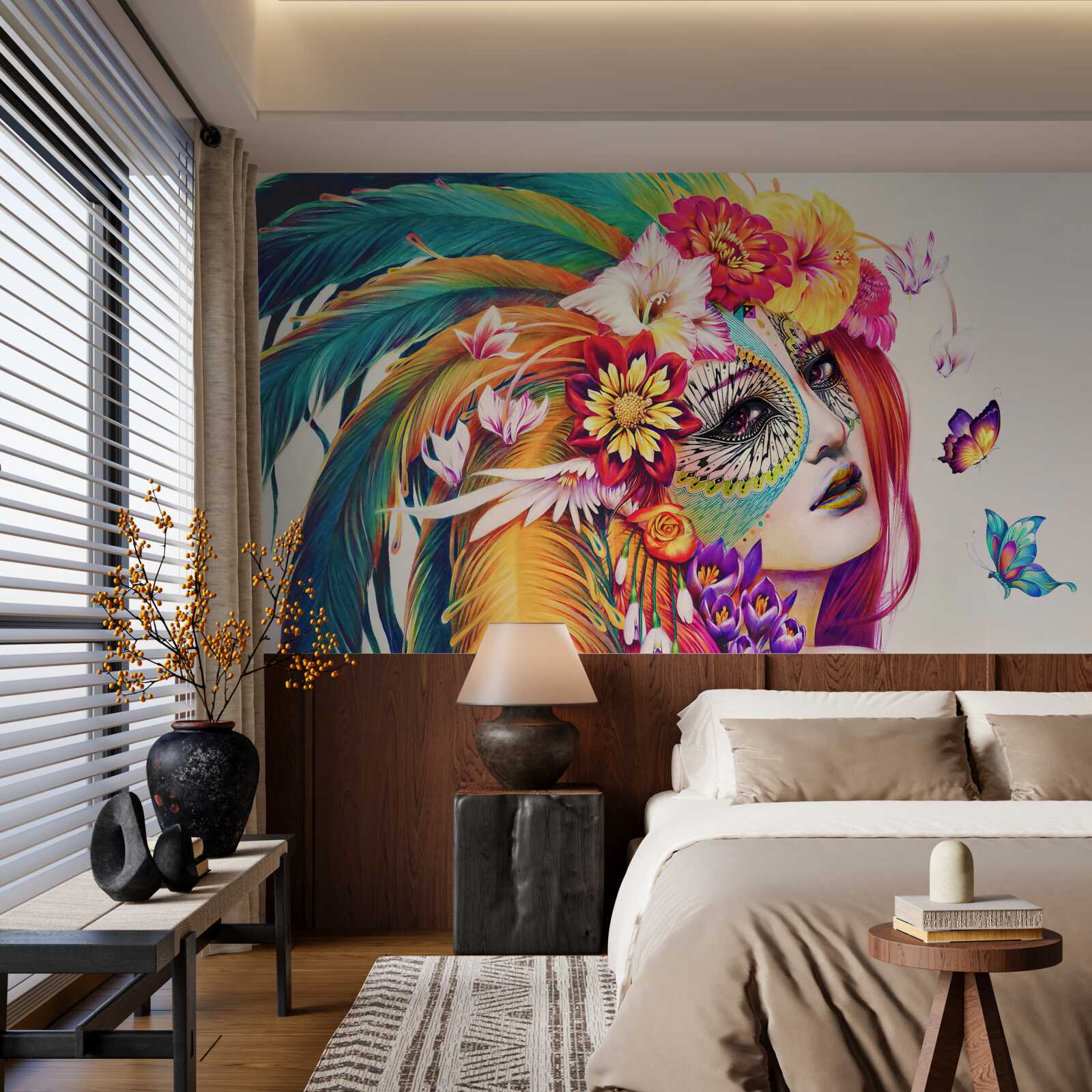 Фотошпалери дівчина з яскравим пір'ям і квітами у волоссі