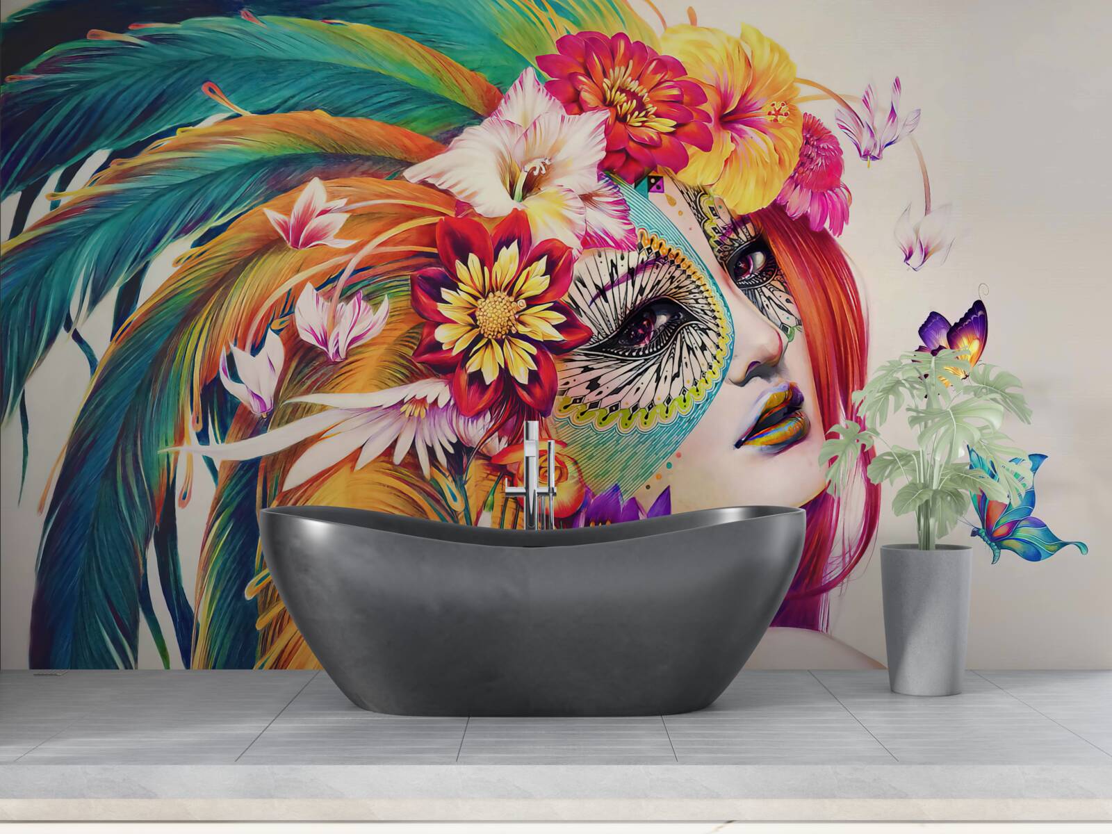 Фотошпалери дівчина з яскравим пір'ям і квітами у волоссі