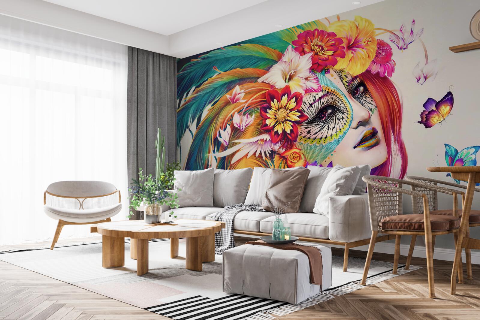 Фотошпалери дівчина з яскравим пір'ям і квітами у волоссі