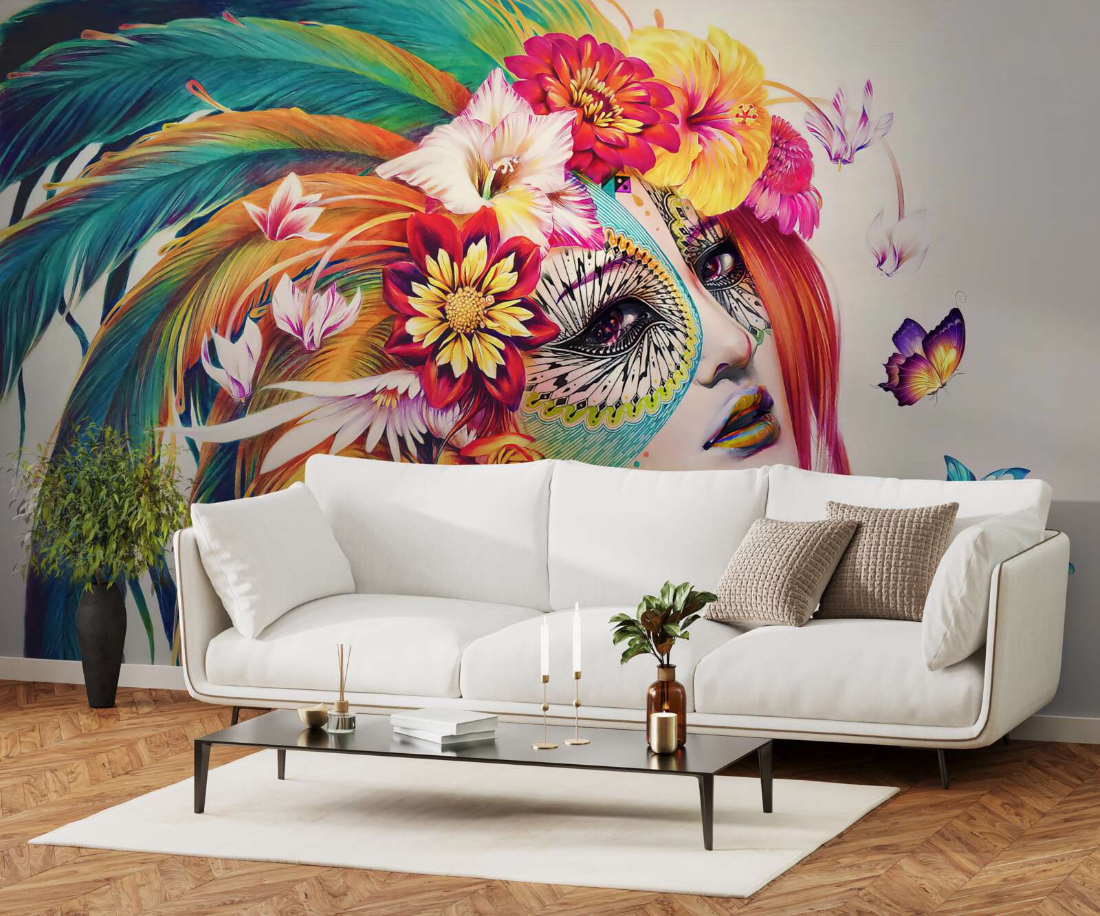 Фотошпалери дівчина з яскравим пір'ям і квітами у волоссі