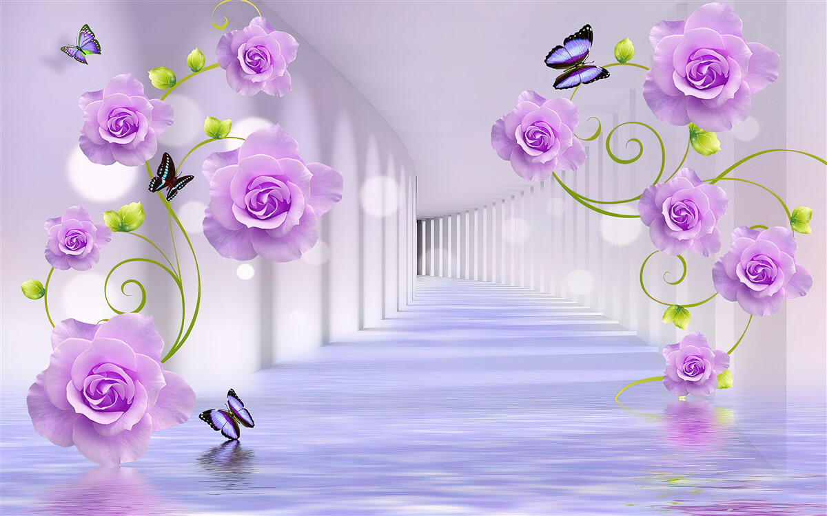 Фотошпалери довгий коридор і бузкові троянди