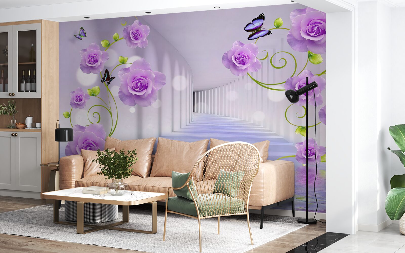 Фотошпалери довгий коридор і бузкові троянди