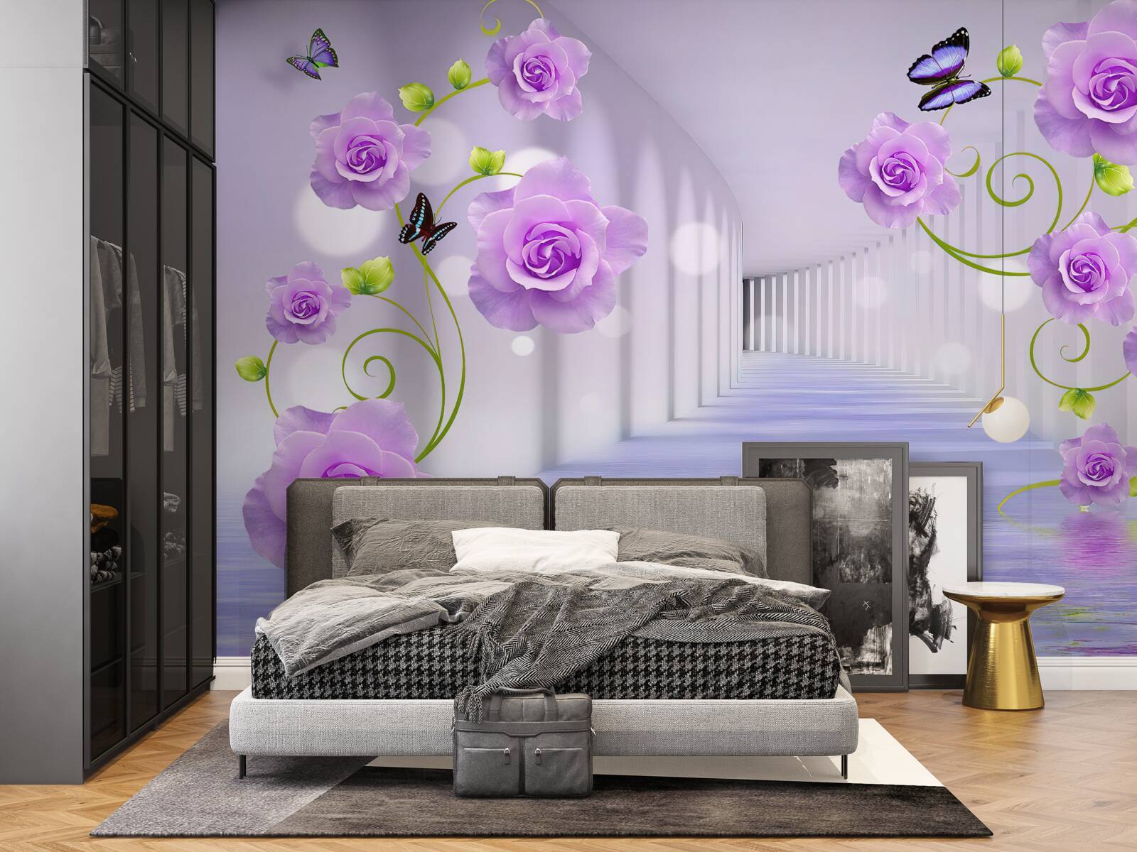 Фотошпалери довгий коридор і бузкові троянди