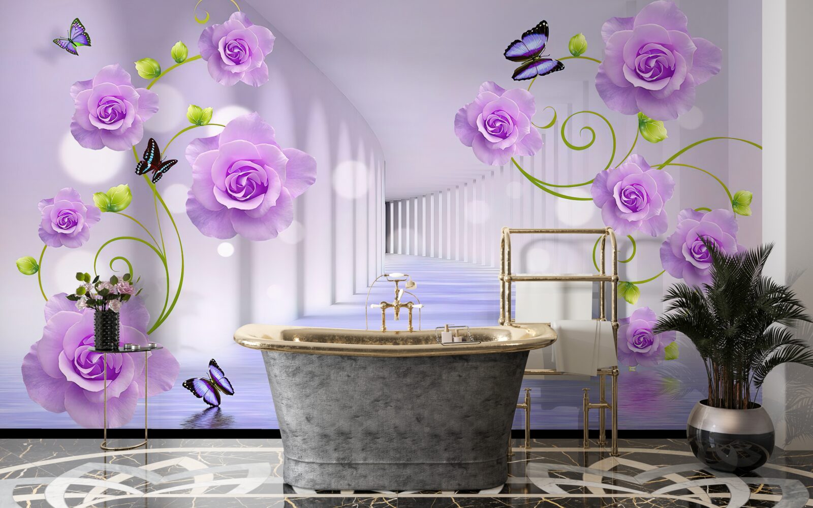 Фотошпалери довгий коридор і бузкові троянди