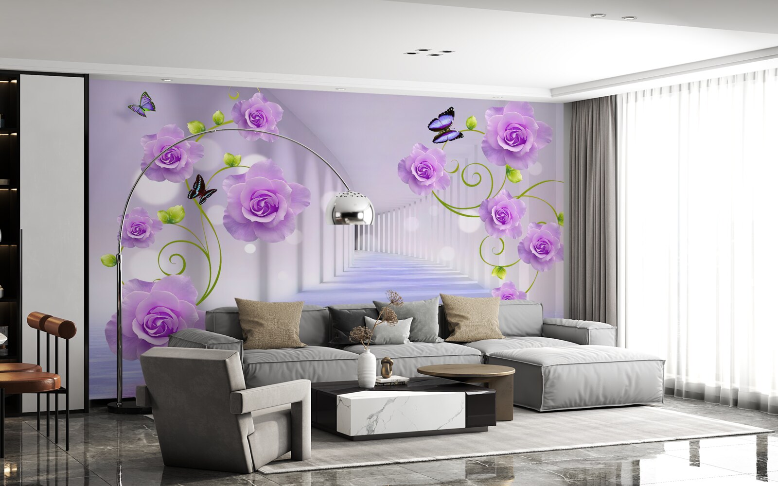 Фотошпалери довгий коридор і бузкові троянди