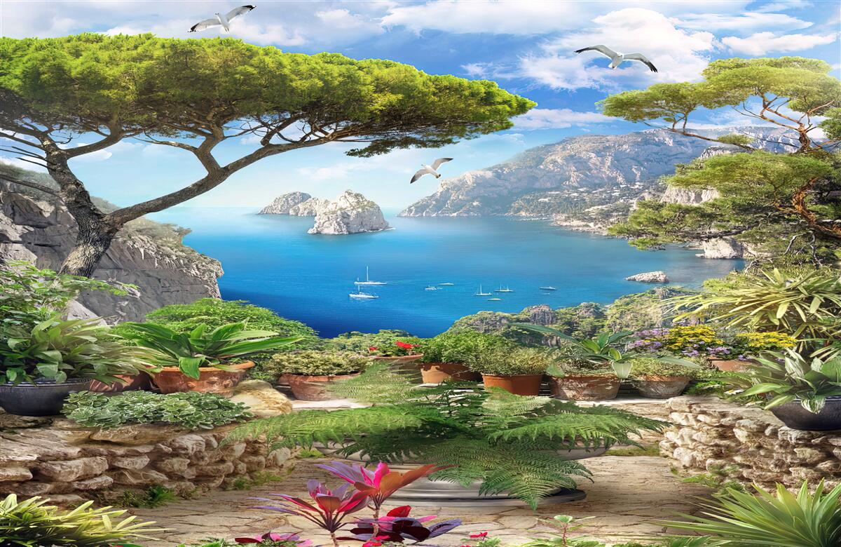 Фотошпалери галявина в квітах з видом на місто і море