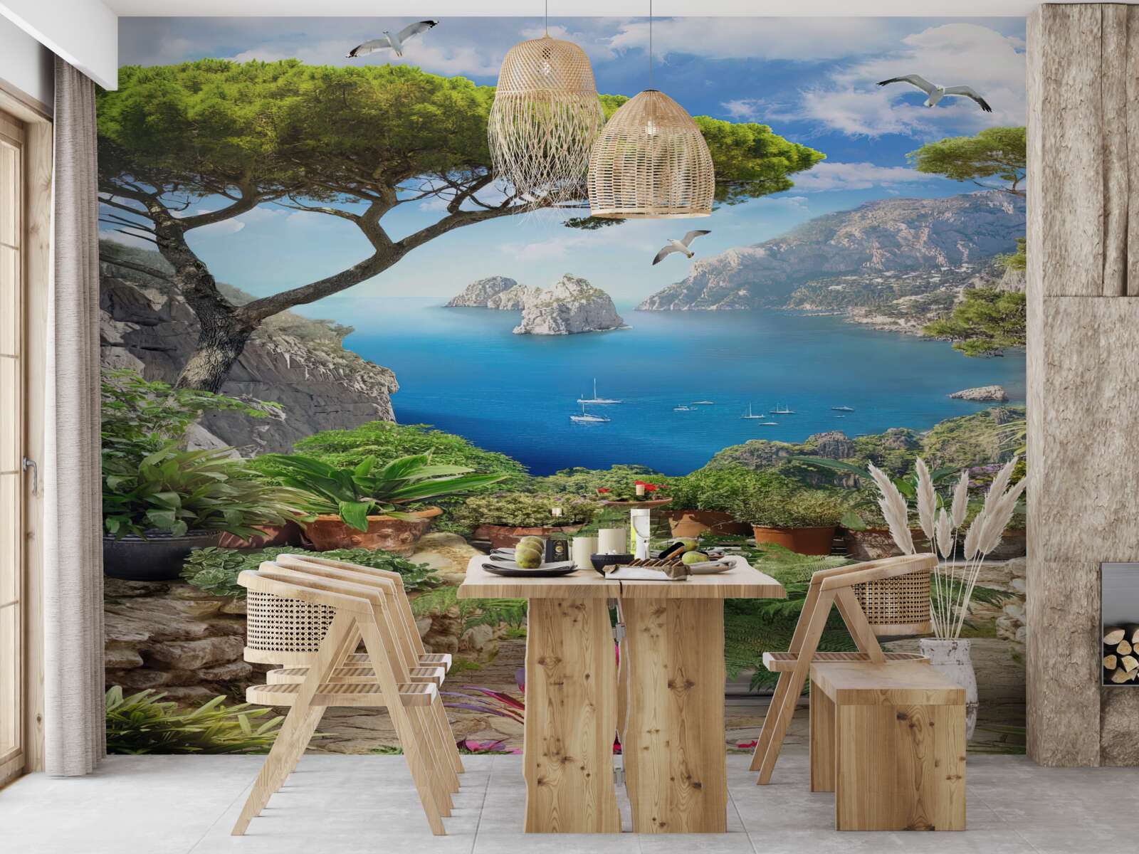 Фотошпалери галявина в квітах з видом на місто і море